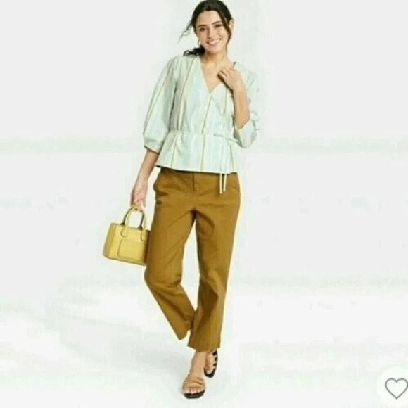 A New Day Blouse Green Striped Medium 3/4 Sleeve Wrap V Neck Peasant Boho - Picture 3 of 3